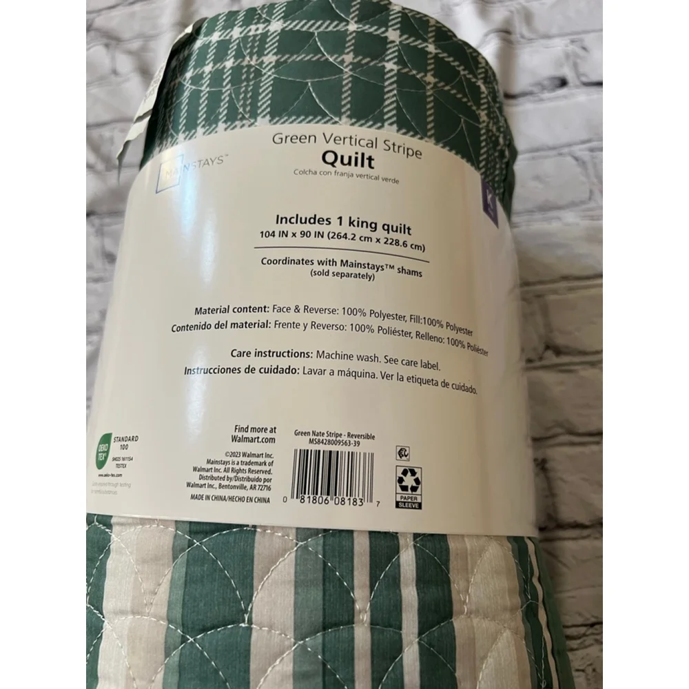 NEW Mainstays Green White Vertical Stripe Reversible Plaid King Quilt